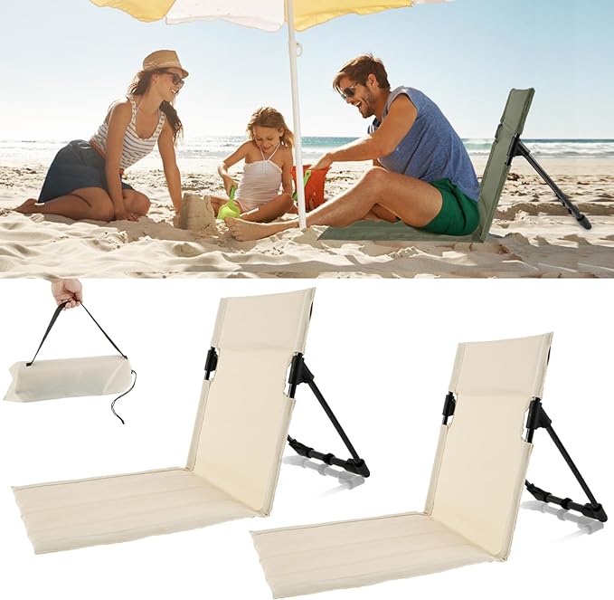 Ultra-Light Beach Chair with with BackrestFoldable Pool ChairsPortable Ground Chair with Storage Bag for Poolside Beach CampingPicnicRoad Trips (Beige)