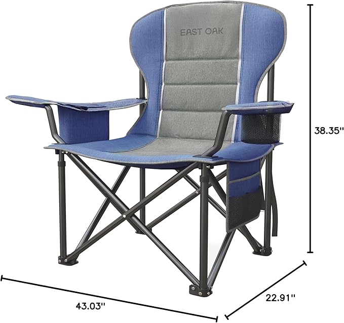 East Oak Oversized Camping Chair | Heavy Duty Camping Chairs | 500LBS Support 600D Oxford Cup Holder &amp Side Pocket | Ideal for Camping Beach Sports Events| Blue&ampGrey