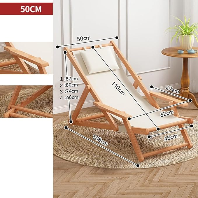 MOOTEK Wood Portable Reclining Beach Chair 4 Level Height Adjustable Reclining Chairs with Wood Frames and Cushioned Headrest for Indoor Outdoor Garden Backyard Poolside