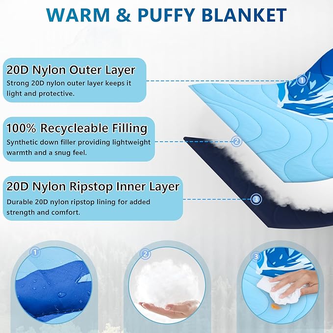 Camping Blanket Waterproof Packable Down Alternative Puffy Printed Camp Blankets Ultra Warm Lightweight Hammock Top Quilt Outdoor Blanket for Travel Picnic Stadium Hiking Party Cold Weather 55x78.8