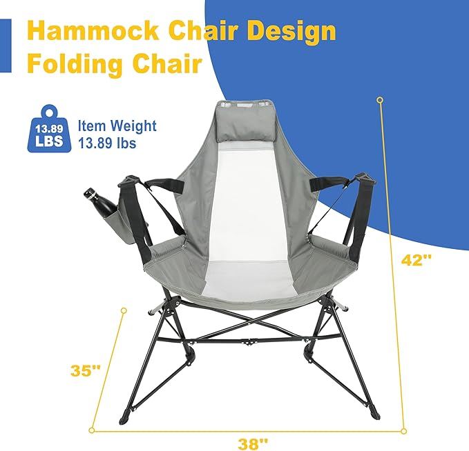 Hammock Camping Chair Portable Chairs with Pillow Cup Holder and Carry Bag Lightweight Foldable Chair for Outside Camping Hiking Travel Beach and Sports (Grey)