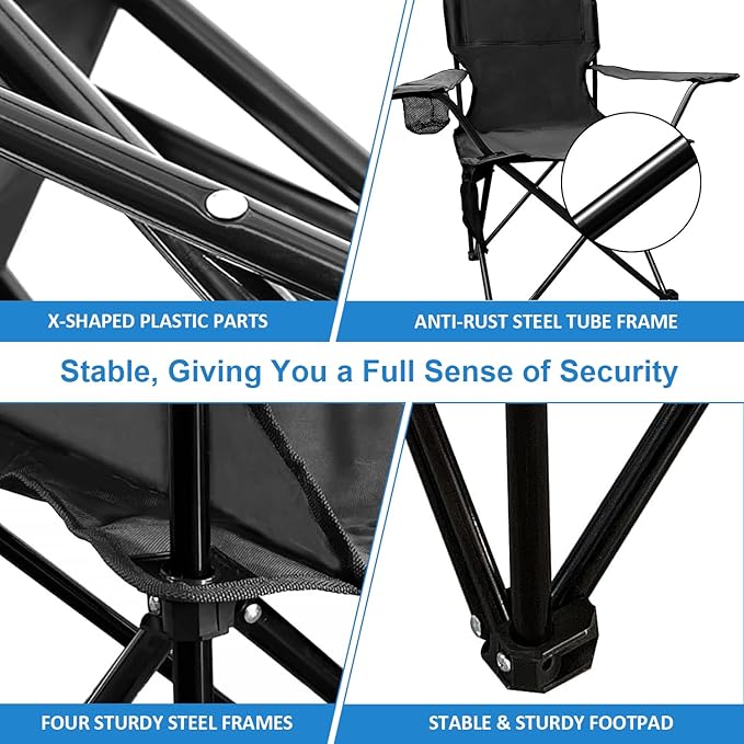 Folding Camping Chair with Cup Holder and Cooler Bag Portable Outdoor Chair for Camping Fishing Beach Picnic Heavy Duty Steel Frame Carry Bag Included Supports 225LBS Black 1 Pack