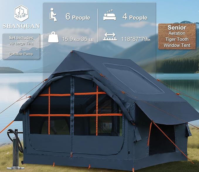 Inflatable Tents for Camping with 13 * 7 ft Awning Oxford Blow Up Easy Setup Inflatable Tent Skylight Waterproof Inflatable Outdoor House Casa de Campaña