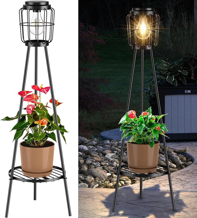 Solar Lights with Plant Stand Outdoor Floor Lamp Waterproof Solar LED Edison Bulb Light Flower Shelf for Patio Porch Deck Yard Garden Decor-1 Pack
