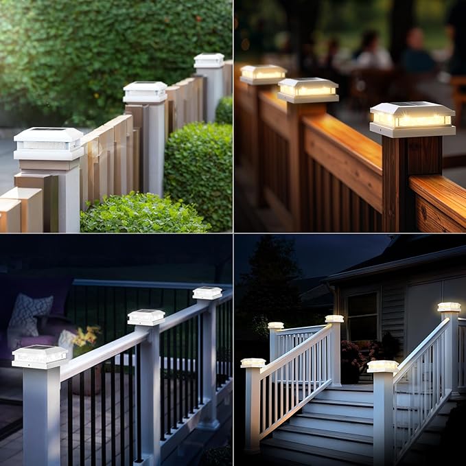 Brightever 4x4 Solar Post Cap Lights Outdoor Waterproof Solar Powered Fence Post Lights for 5x5 Vinyl/Wooden White Outside 16LEDs Warm/Cool Lighting Deck Light for Garden Patio Porch 12-Pack