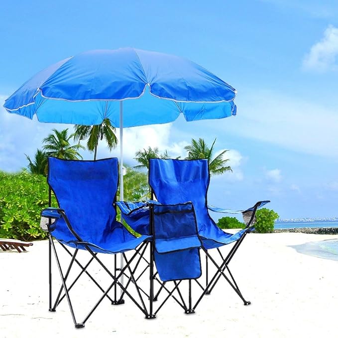 Yescom Double Folding Chair w Umbrella Table Cooler Fold Up Picnic Camping Beach Garden