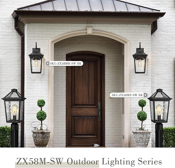 zeyu 16.5 Inch Large Post Lights Post Lamps Outdoor for Garden Porch Die-Cast Aluminum with Water Ripple Glass Black Finish ZX58MP-SW BK