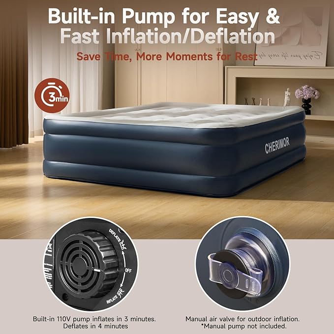 King Size Air Mattress with Built-in Pump 18in Raised Heavy Duty Inflatable Bed 1000lbs Maxs Fast Inflatable Blow up Mattress with Carry Bag Air Bed for Camping Sleepover Guest Room
