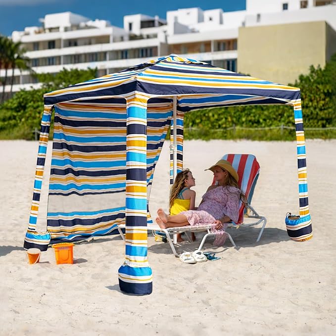 AMMSUN Beach Cabana 6.2'×6.2' Beach Canopy Easy Set up and Take Down Cabana Tent with Sand Pockets Instant Sun Shade with Side Wall Vibrant Stripe