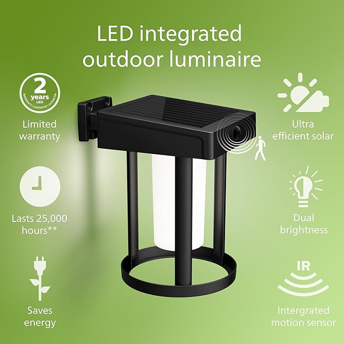 PHILIPS LED Ultra Efficient Solar Cylinder Black Wall Lantern Outdoor 2-Pack Bright White (3000K) 250/20 Lumen (3W = 25W) Weather Resistant
