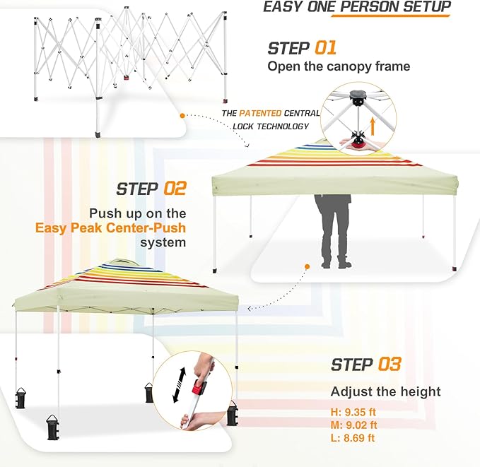 EAGLE PEAK Pop Up Canopy Tent with Wheeled Carry Bag 8 Stakes 4 Ropes 4 Weight Bags Easy Set Up Tent Canopy 10x10 ft 100sqft of Shade Retro Stripe Tan