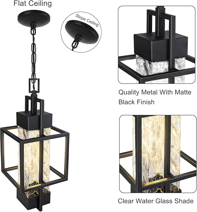 15 Outdoor Indoor Pendant Light Exterior Hanging Lantern Modern Black Metal Outside Chandelier Light Fixture Ceiling Mount with Water Glass for Front Porch Entrance Foyer Entryway (Bulb Included)
