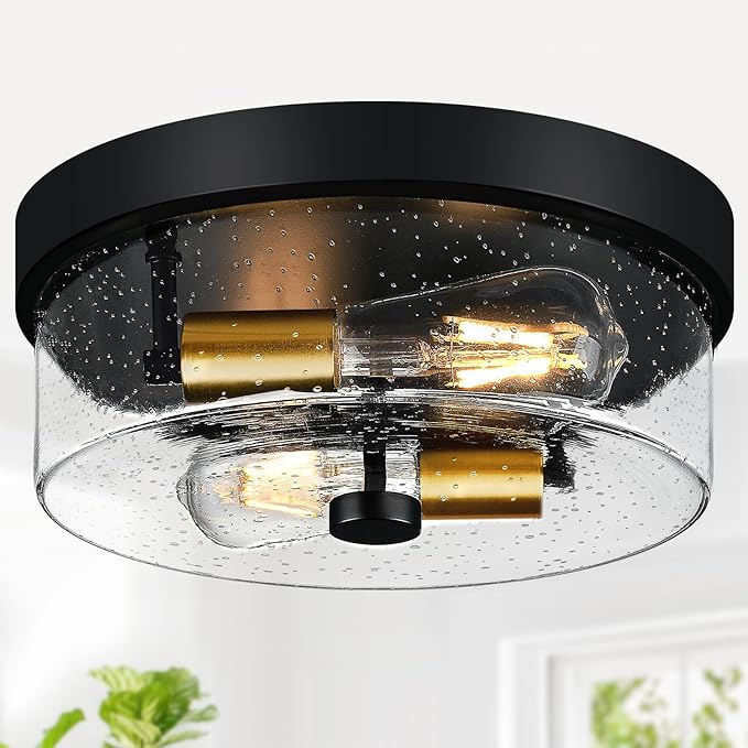 Flush Mount Ceiling Light Fixtures 2-Light Black and Gold Ceiling Mount for Farmhouse with Seeded Glass Lampshade Industrial Flush Mount Light Fixture for Hallway Kitchen Entryway and Foyer
