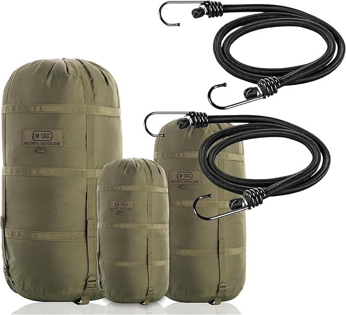 M-Tac Compression Stuff Sack + 40 Inch Bungee Cords (Set of 2) – Military Waterproof Compression Bag with Elastic Ropes and Durable Metal Hooks for Sleeping Bag Travel Camping Hiking Outdoor Gear