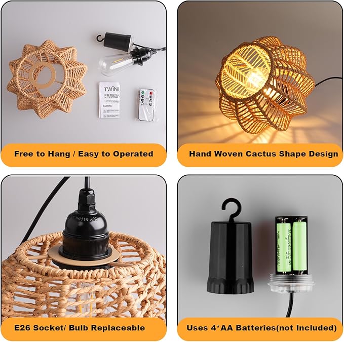 Battery Operated Chandelier 2Pack Hanging Gazebo Lights Cactus Shape Boho Rattan Pendant Lights Outdoor Waterproof for Patio Tree Pergola Porch and Indoor Decor