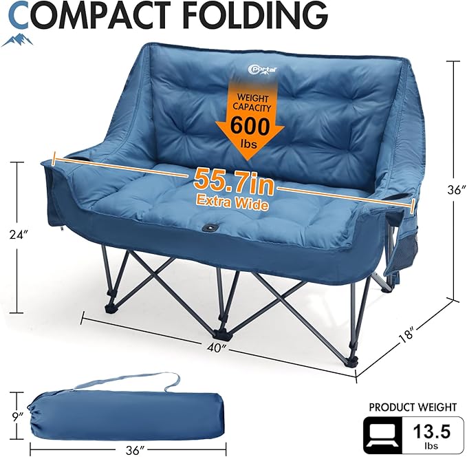 PORTAL Double Camping Chair 2 Person Folding Loveseat for Adults Padded Cushion Camp Lawn Love Seat with Side Pocket Portable Couch Two Person Heavy Duty Wide Chairs with Cup Holder 600 lbs