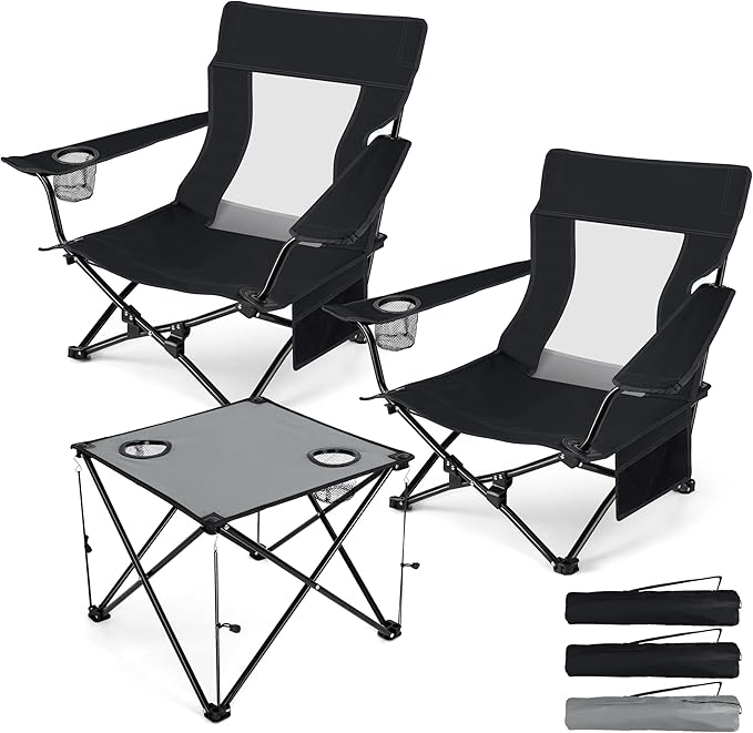 HaSteeL Folding Beach Chair Set of 3 Foldable Black Camping Chairs &amp Grey Table for Outside Low Beach Chair Portable for Adults Fishing Picnic Outdoor BBQ Cup Holder &amp Storage Bag