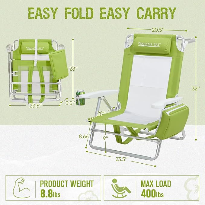 Old Bahama Bay Backpack Beach Chair 2 Pack Aluminum Lightweight Reclining 5-Position Lounge Chair for Adults Heavy Duty Support 400 LBS Portable Folding with Cooler Bag Camping Chair for Sand Outdoor