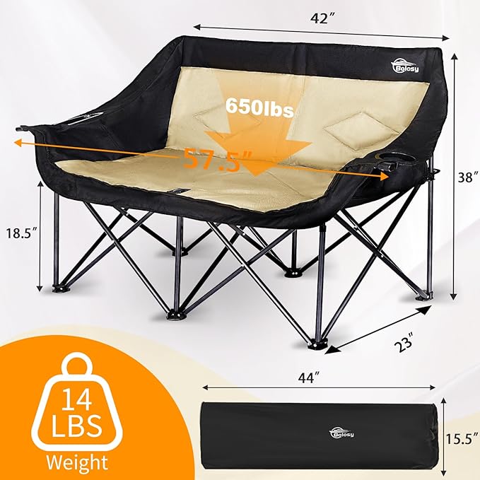 Double Camping Chair Loveseat Camping Chair Double Folding Chair Camp Chairs for Adults Heavy Duty Two Person Camp Chair Padded Camping Couch 2 Person Lawn Chairs - Support 650 lbs - Khaki