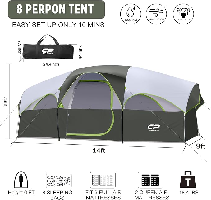 CAMPROS CP Tent 8 Person Camping Tents Weather Resistant Family Tent 5 Large Mesh Windows Double Layer Divided Curtain for Separated Room Portable with Carry Bag