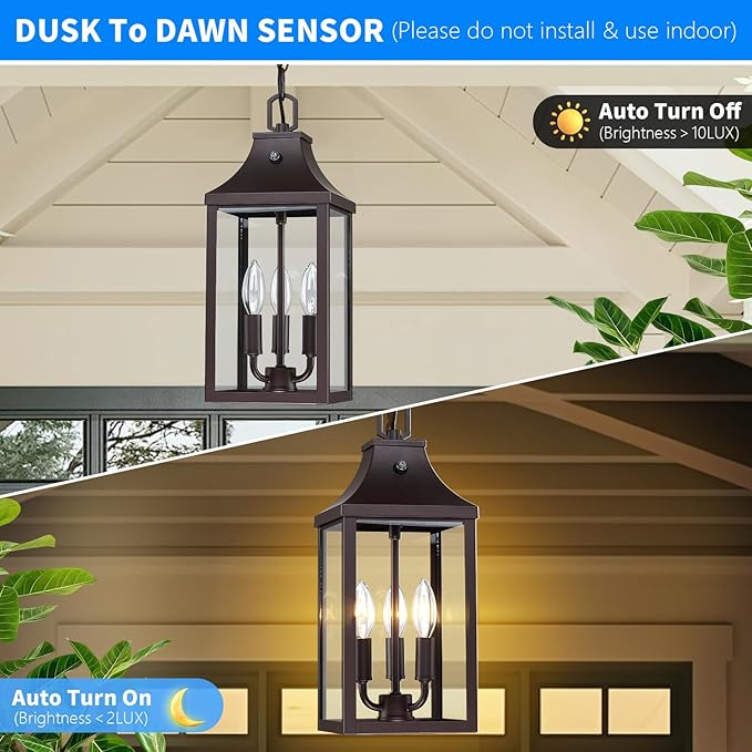 15.5'' Large Outdoor Pendant Light Fixtures 3-Light Dusk to Dawn Exterior Hanging Lantern Porch Light Adjustable Brown Hanging Lamp Farmhouse Exterior Chandelier Ceiling Mount for Entrance Patio