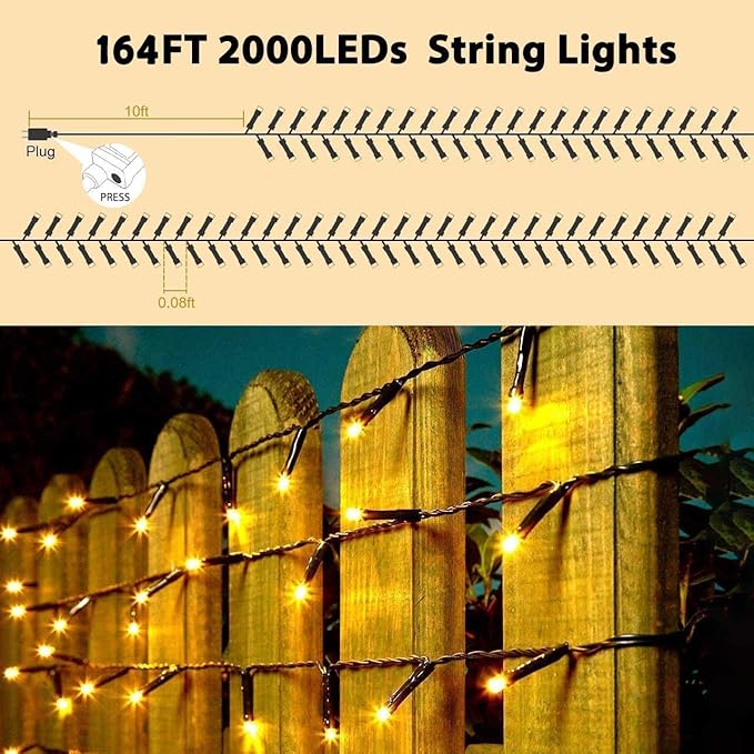 Quntis 164ft 2000 LED Cluster Christmas Lights - Dark Green Wire Cluster Christmas Tree Lights - 8 Modes Outdoor Waterproof Strands Christmas String Lights for Holiday Wedding Party Decor Warm White