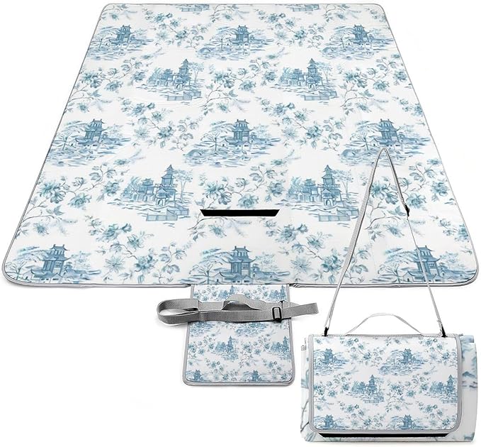 Blue Chinoiserie Toile Chinese Style Waterproof Outdoor Picnic Blanket Sandproof Beach Mat for Camping Hiking Grass Travelling