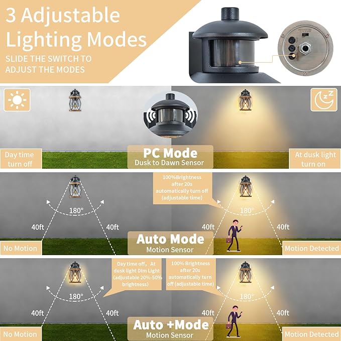 Dusk to Dawn Motion Sensor Outdoor Porch Light with GFCI Outlet3 Lighting Modes Anti-Rust Waterproof Industrial Outdoor LanternExterior Work lights Rustic Wood-Like Finish Wall Light (Brown 1 Pack)