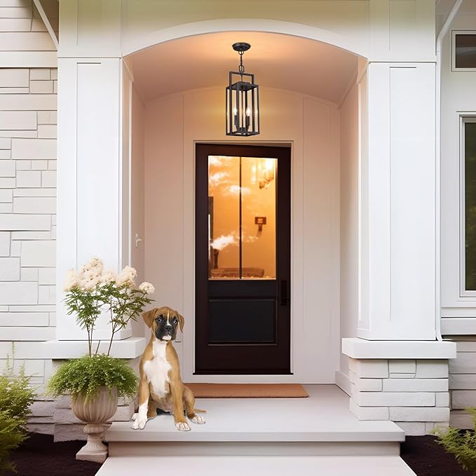 17.8'' Large Dusk to Dawn Outdoor Pendant Light 2-Light Modern Brown Metal Outside Chandelier Exterior Hanging Fixture Ceiling Mount with Clear Glass for Front Porch Entrance Entryway 1 Pack