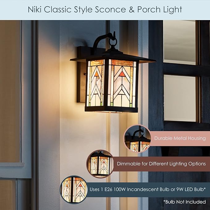 RIVER OF GOODS Stained Glass Outdoor Light Fixture - 11.75 H - Mission Style Porch Light - ‎Niki