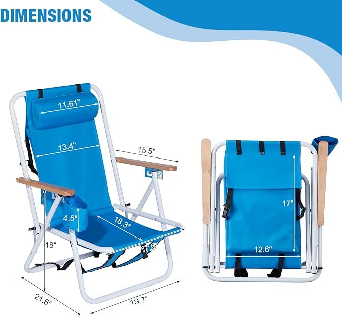 Bonnlo Backpack Carry Chair Set of 2 w/Cup Holder Portable Foldable 4-Position Reclining Heavy-Duty Camping Chair Supports 265 lbs (120 kg) for Beach Lawn Concert Fishing (Blue)