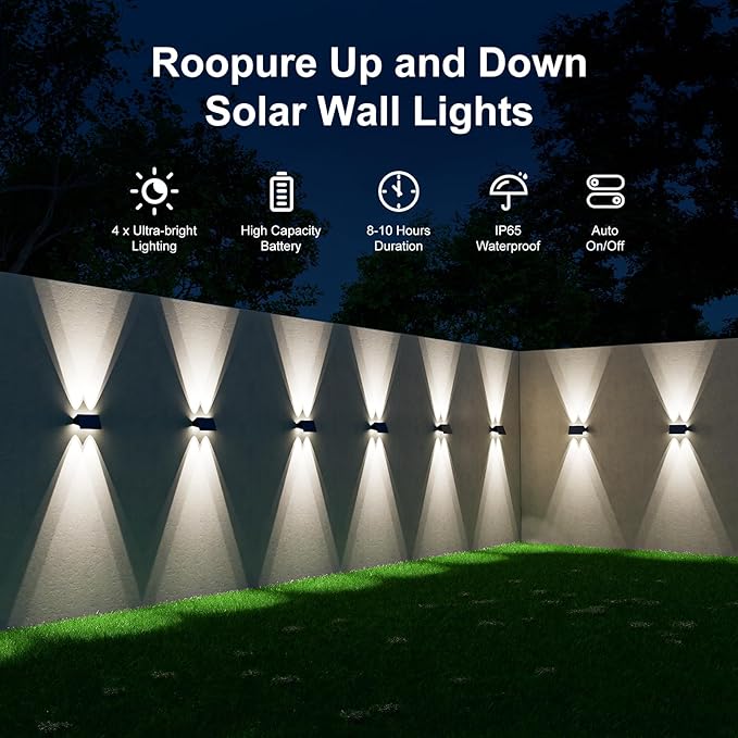 8 Pack Solar Powered Fence Lights Outdoor Up and Down Wall Mount LED Decorative Waterproof Lamps for Outside Patio Backyard House Front Door Auto On-Off Function for Energy Saving (Cool White)