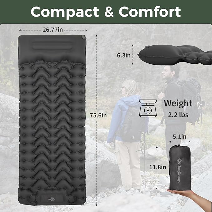 KingCamp Sleeping Pad for Camping Ultralight Connectable Inflatable Sleeping Pad Camping Mattress with 6.3 Built-in Pillow &amp Foot Pump for Backpacking Hiking Tent Cot