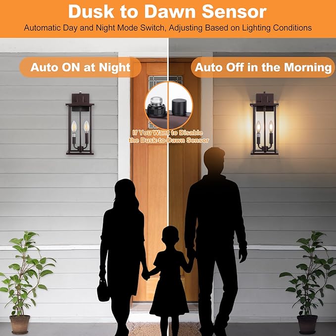 2-Pack 16 Large Dusk to Dawn Outdoor Wall Light Fixtures 2-Light Exterior Front Porch Light Brushed Bronze Outdoor Sconce Lights Waterproof Farmhouse Lamp Lighting