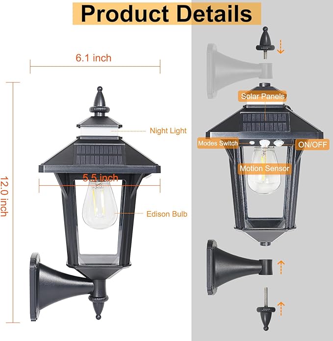 Solar Powered Wall Lantern Lights Outdoor with 3 Modes Motion Sensor Solar Wall Light Waterproof Dusk to Dawn LED Exterior Front Porch Lights Fixtures Wall Mount for Garage House Patio Doorway Yard
