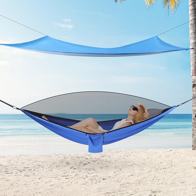Camping HammockPortable Camping Hammock with Mosquito Net and Waterproof Tarp200kg Heavy-Duty Hammock for BackpackingHikingTravel-Lightweight and Compact Blue Design