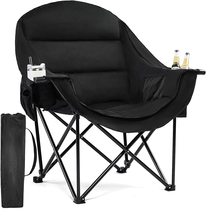 Oversized Camping Chairs for Adults - Heavy Duty Padded Outdoor Folding Lawn XL Camp Chair with Cup Holder Cooler Pockets for Outside Sports Beach Fishing Garden Portable Supports 500lbs AllBlack