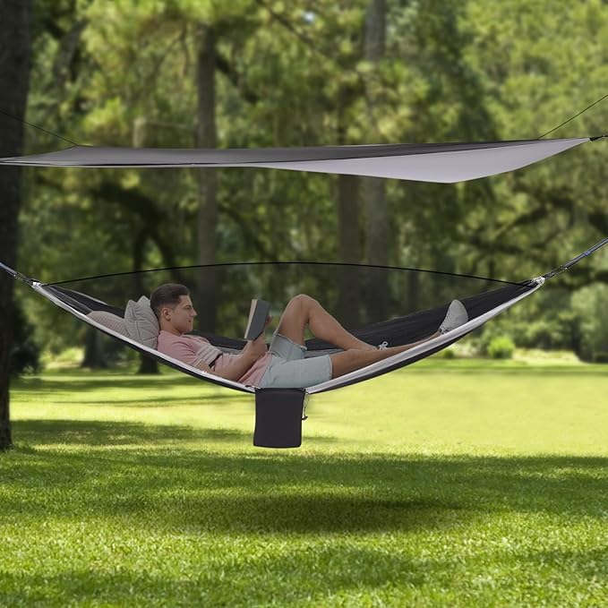 HammocksCamping Hammock with Mosquito Net and Rain Fly Tarp200kg Load CapacityLightweight Portable Hammock for BackpackingHikingand Travel-Black/Grey