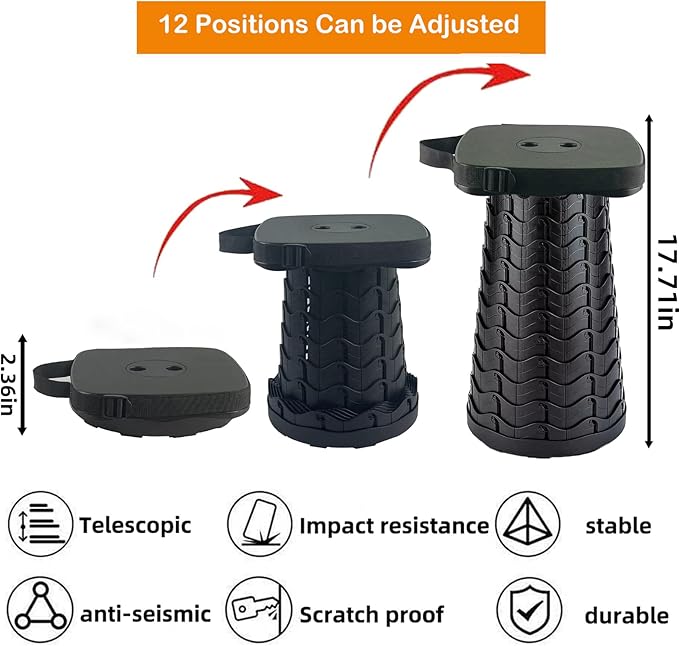 Collapsible Camping Stool with Seat Cushion &amp Nylon Bag Square Portable Telescopic Stool Lightweight Sturdy Foldable Stool for Camp Fishing Picnic Max Load 550 lb