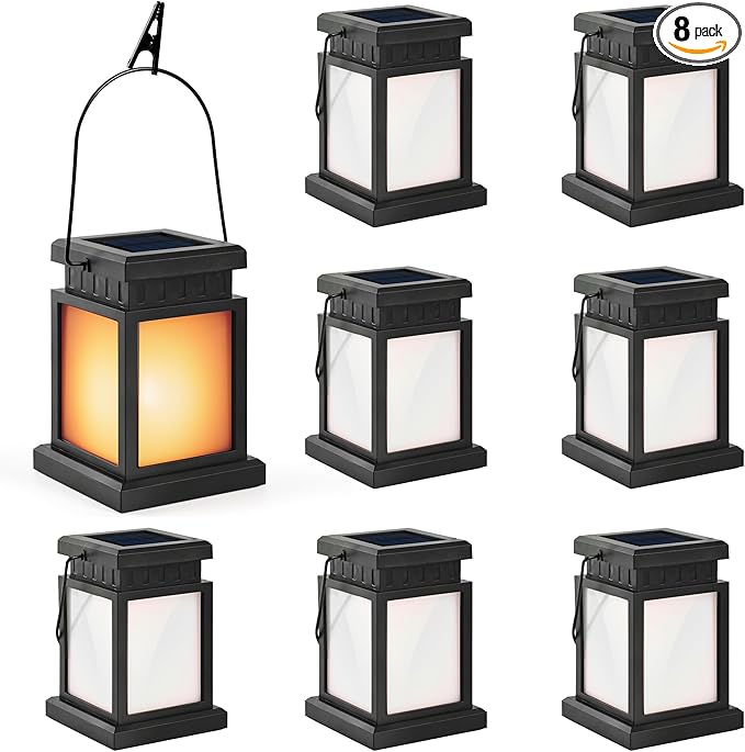GIGALUMI Solar Lanterns Outdoor Waterproof 8 Pack Hanging Solar Lanterns for Outside Flame Effect Outdoor Lights for Pathway Garden Patio Lawn Porch Gazebo Tent Tree Yard(Flickering Lights)