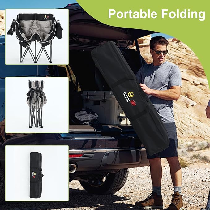 Nice C Heated Camping Chair with Battery Outdoor Heated Folding Chairs Double Padded Camping Chair for Adults Camping Couch with Cooler Bag 2 Power Banks Included (Black&ampGrey)