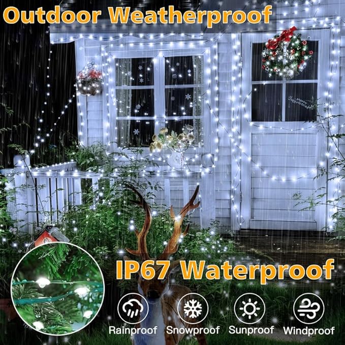 Ollny Christmas Lights 198 FT 600 LED Outdoor Waterproof Plug in Christmas Tree Lights with 8 Modes Remote Timer String Lights for House Yard Outside Indoor Xmas Decorations White