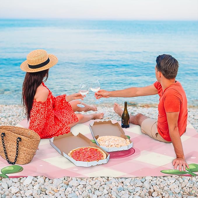Waterproof Sandproof Beach Blanket 59''×68'' Simulation Cherries Polyester Outdoor Picnic Blanket with 4 Stakes &amp Storage Bag for BeachCampingVacation Pink