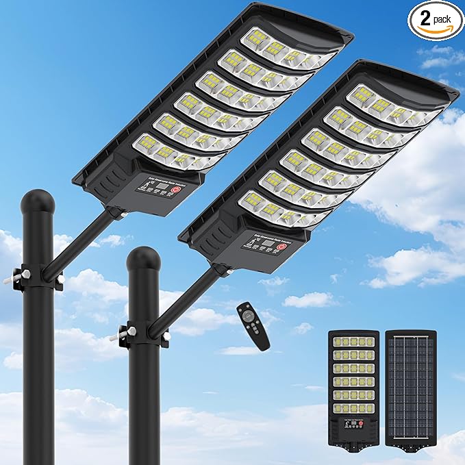 Solar Street Lights Outdoor Waterproof48000LM 320°Wide Angle Flood Light LED Solar Parking Light with Motion Sensor and Remote Control for Outdoor Streets CourtyardsParking Garages2Pack