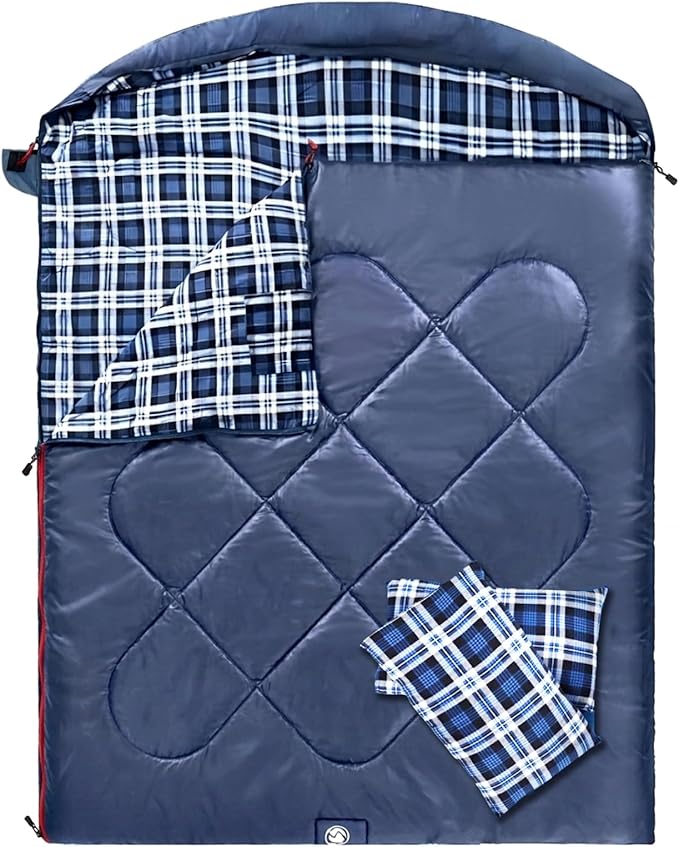 ShinHye Double Sleeping Bag for Adults with 2 Pillows Camping Sleeping Bags Flannel Cotton 2 Person Sleeping Bags XXL Queen Size Sleeping Bag for Cold Weather