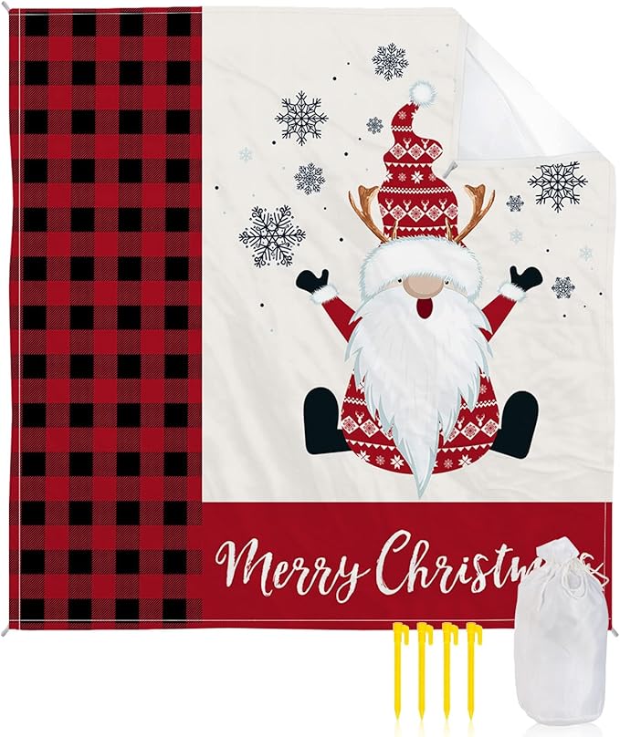 Beach Blanket Waterproof Sandproof OversizedCartoon Christmas Gnome Snowflakes Beach Mat with Corner Stakes Sand PocketsRed and Black Plaid Outdoor Picnic Mat for Travel Camping Hiking 83x79In