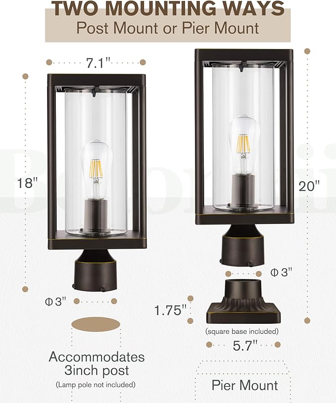 Beionxii Outdoor Post Lights 20in Post Lantern with Pier Mount Base Aluminum Street Lights with Glass Fence Post Deck Lighting for Garden Patio Pathway BXA291-P-2PK-O (NOT Solar 110-120V AC)
