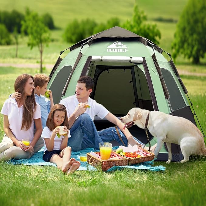 Hewolf 2/3/4 Person Camping Tent - Instant Pop Up Waterproof 2 Doors Tent with Easy Setup | 3-Season Hexagonal Dome Design for Family Hiking &amp Traveling