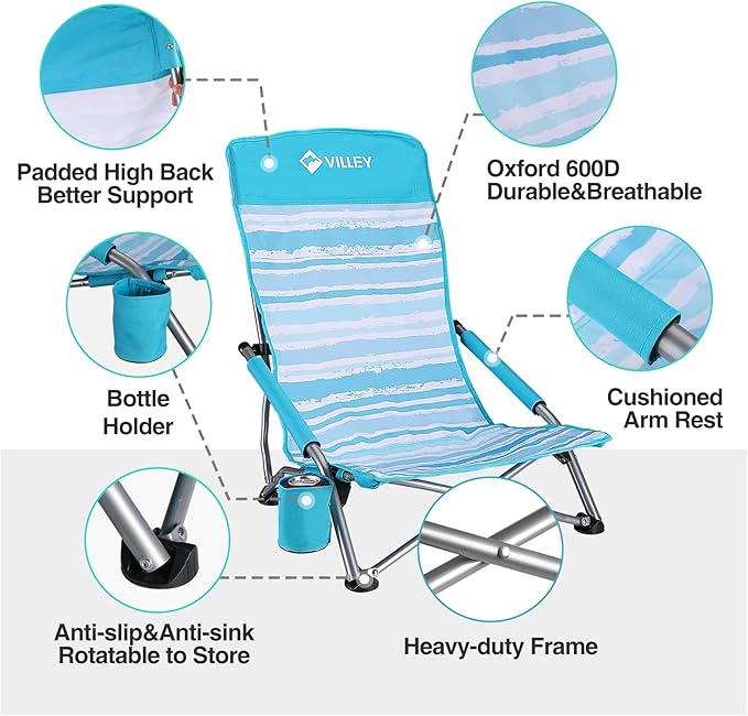 VILLEY Low Beach Chair High Back Folding Chair for Adults Lightweight and Portable for Outdoor Camping Lawn Music Festival with Cup Holder and Carry Bag - Blue Stripes
