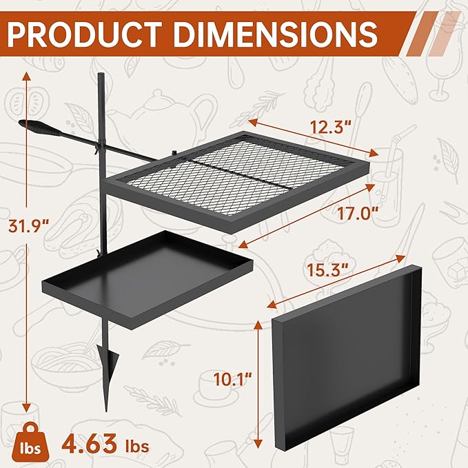 ABSCONDO Height-Adjustable Campfire Grill grate Swivel Fire Pit Grilling Grate Heavy Duty Portable Over Fire Cooking Grate with Handbag for Outdoor Camping Hiking Backpacking and Family Gatherings